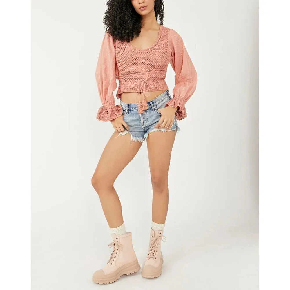 FREE PEOPLE Megan Crochet Top Shirt / Coral Sand S